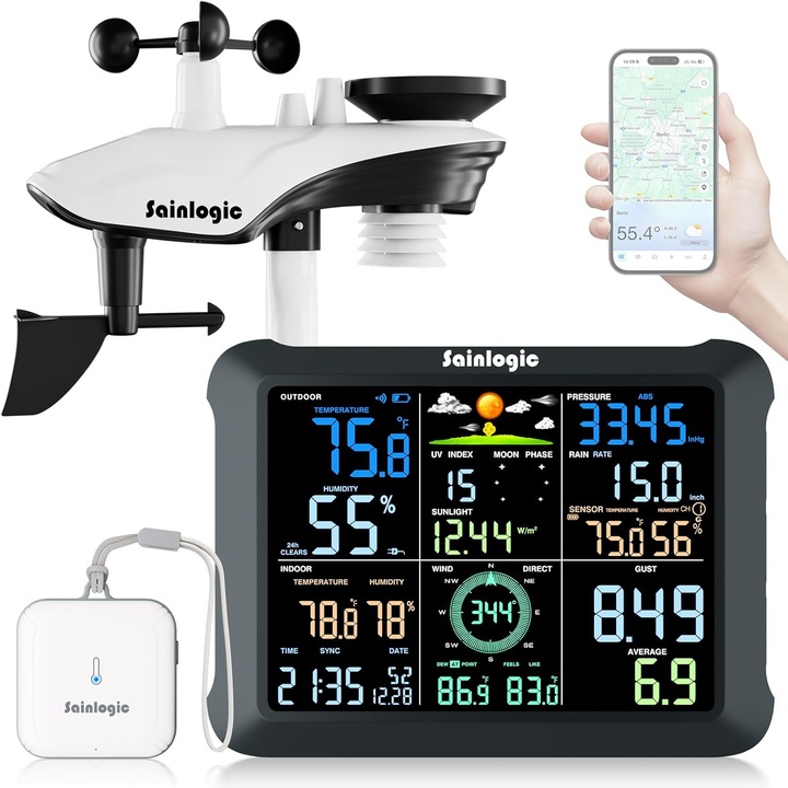 Sainlogic WiFi intelligens időjárás állomás, vezeték nélküli kültéri érzékelő, 8.5 hüvelykes kijelző, Weatherseed mesterséges intelligencia alapú időjárás-előrejelzés, szél, UV, csapadék mérés, riasztások és adatexport 2 évig, 2.4GHz