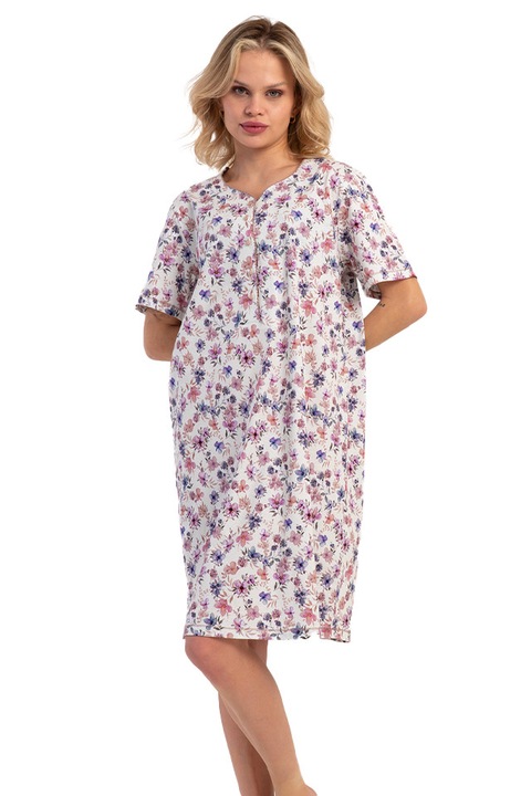 Camasa de noapte dama Vienetta model Pure Muse, maneca scurta, bumbac, cu nasturi, mov/roz M