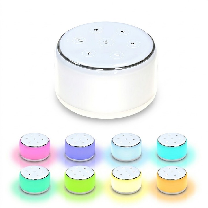 Aparat Sunete Albe cu Lumina de Veghe LED, 34 Sunete Somn, 9 Culori, Baterie 2000mAh, USB-C, Autonomie 150h, Timer, Memorie, Portabil, Alb