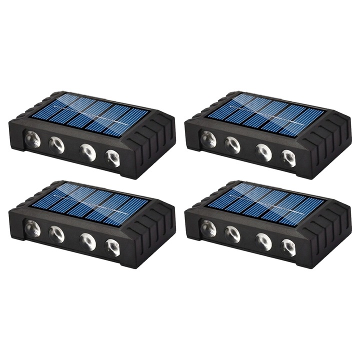 4 db NEXTLY kültéri szolár lámpa szett, 8 LED, meleg fény, fényérzékelő, vízálló, falra/kerítésre szerelhető tiplikkel/ragasztóval, 10x5.5x2.5cm, fekete