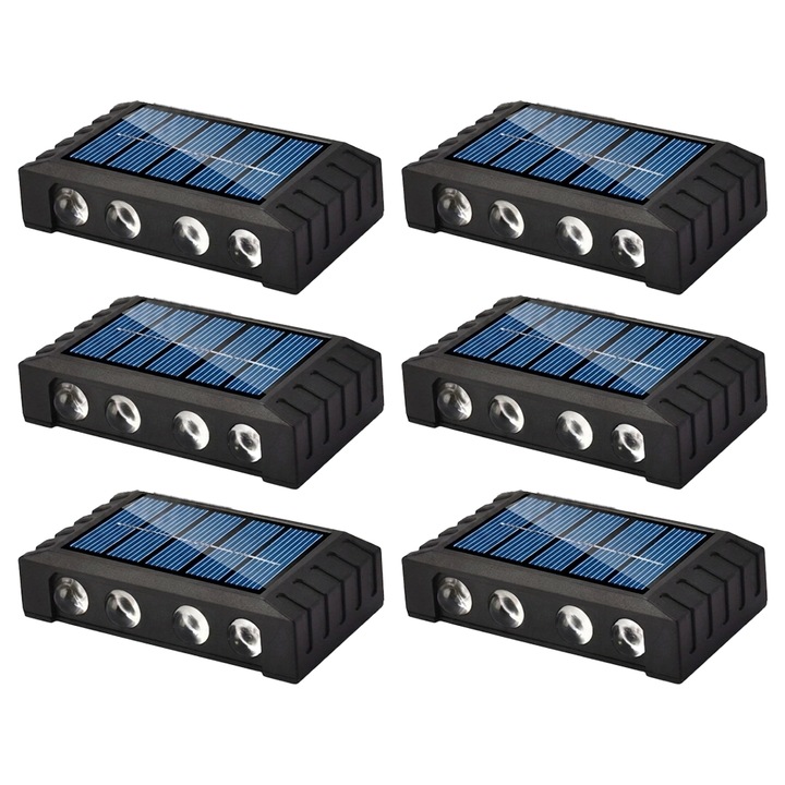 6 db NEXTLY kültéri szolár lámpa szett, 8 LED, meleg fény, fényérzékelő, vízálló, falra/kerítésre szerelhető tiplikkel/ragasztóval, 10x5.5x2.5cm, fekete