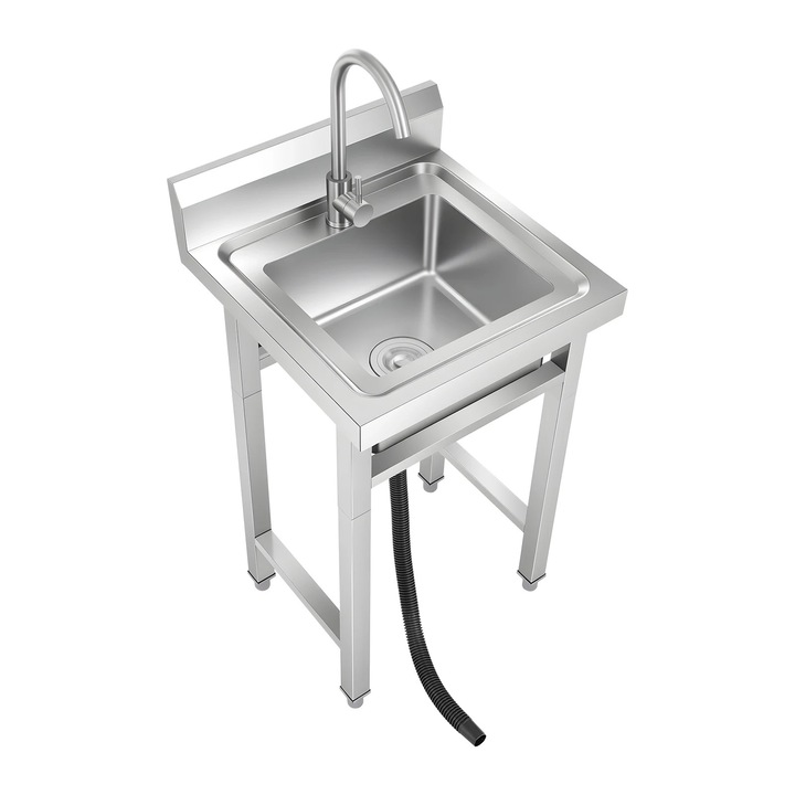 Chiuveta comerciala din otel inoxidabil, Chiuveta freestanding cu o cuva, 50×50×93 cm, Baterie rotativa 360°, Patrata, Finisaj polisat, Argintiu