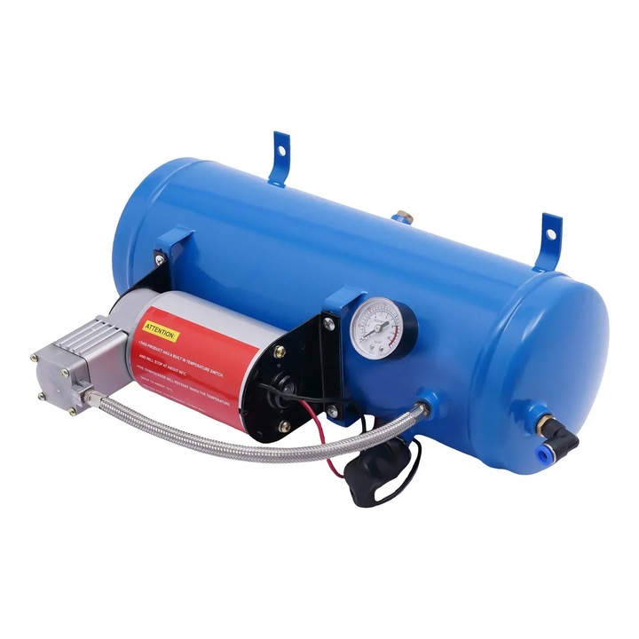 Compresor auto, pompa pentru anvelope cu rezervor de 6 L, pana la 100 PSI, 12 V DC, carcasa metalica, albastru