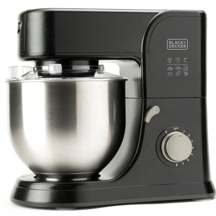 Robot de bucatarie mixer planetar Black+Decker ES9130080B, 1000 W, bol inox 5,2 l, Negru