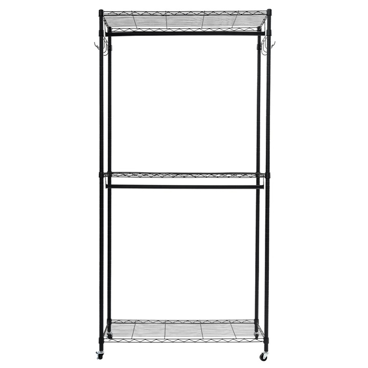 Suport haine, Organizator dulap cu doua bare, 90×43, 5×180 cm, Metal, 4 roti pivotante, Negru