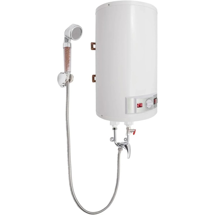 Boiler electric pentru apa calda, cu set de dus, 35 l, 2000 W, 220 V, montaj vertical pe perete, 59×34 cm, alb
