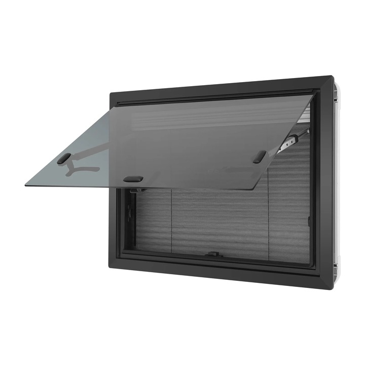 Lakóautó/Lakókocsi, Billenő ablak, Kivágás 60×45 cm, Nyitás 65°, 4 mm-es biztonsági üveg, Falvastagság 30–80 mm, Belső keret napellenzővel, Fekete