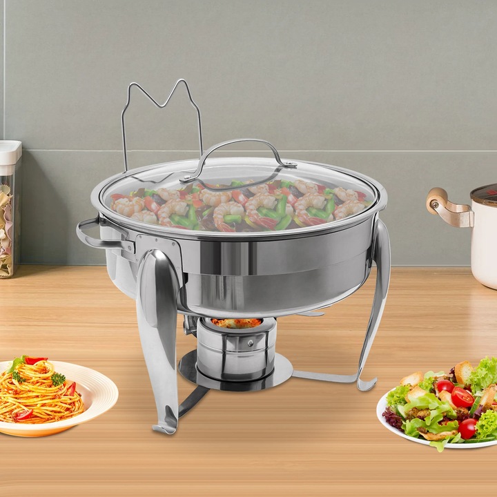 Нагревател за бюфет, Chafing Dish, Капацитет 6 л, Неръждаема стомана, За бюфет, кетъринг и ресторанти, Светлосив