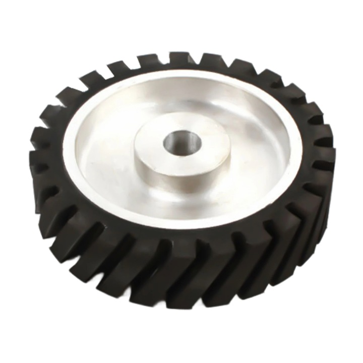 Roata de contact, Pentru polizor cu banda/masina de slefuit cu banda, Ø20×5 cm, Diametru orificiu 2, 5 cm, Miez aluminiu, cauciuc natural, Greutate 1, 71 kg, Argintiu si negru