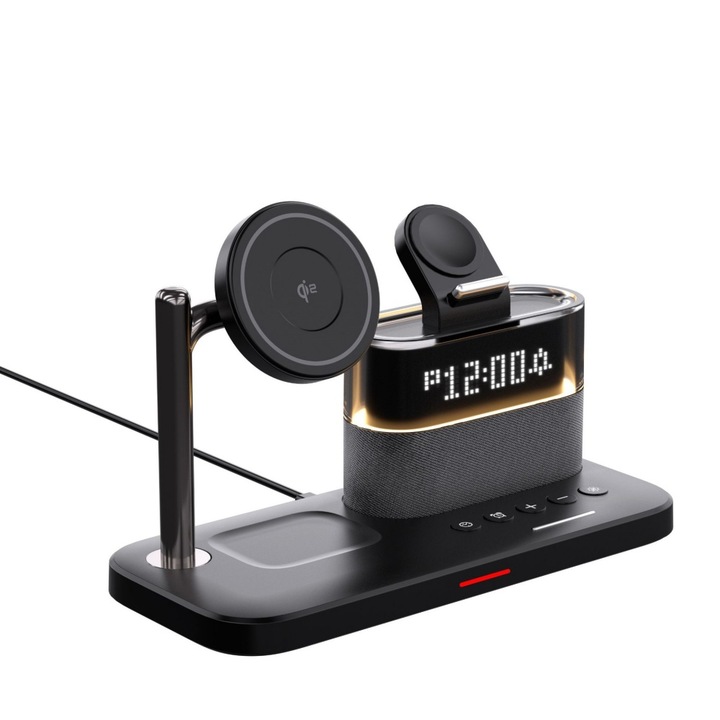 Incarcator wireless 3-in-1, cu lumina de veghe, ceas digital, certificare Qi 2, incarcare simultana a mai multor dispozitive, 203 x 93 x 130 mm, negru