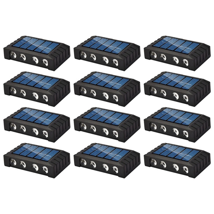 NEXTLY 12 db-os kültéri napelemes lámpa szett, 8 LED, meleg fény, fényérzékelő, vízálló, falra/kerítésre szerelhető tiplikkel/ragasztóval, 10x5.5x2.5cm, fekete