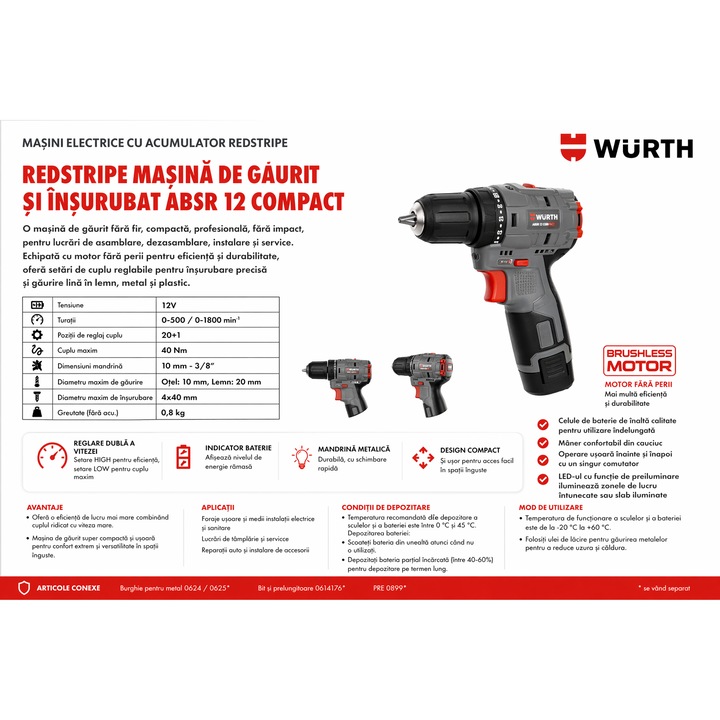 WÜRTH ABSR 12 Compact akkus fúró, 12V, szénkefe nélküli, professzionális, 40Nm