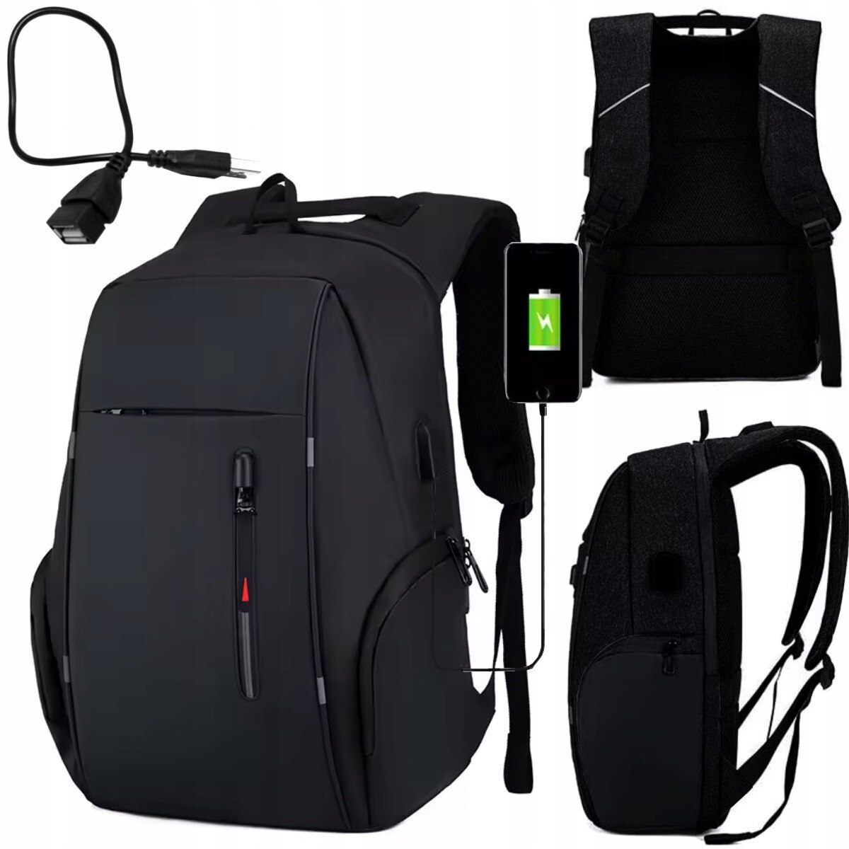 DKM, Rucsac din poliester si nylon cu compartiment pentru laptop 17 inch, port USB extern, rezistent la apa, bretele 3D mesh, Negru, 21L