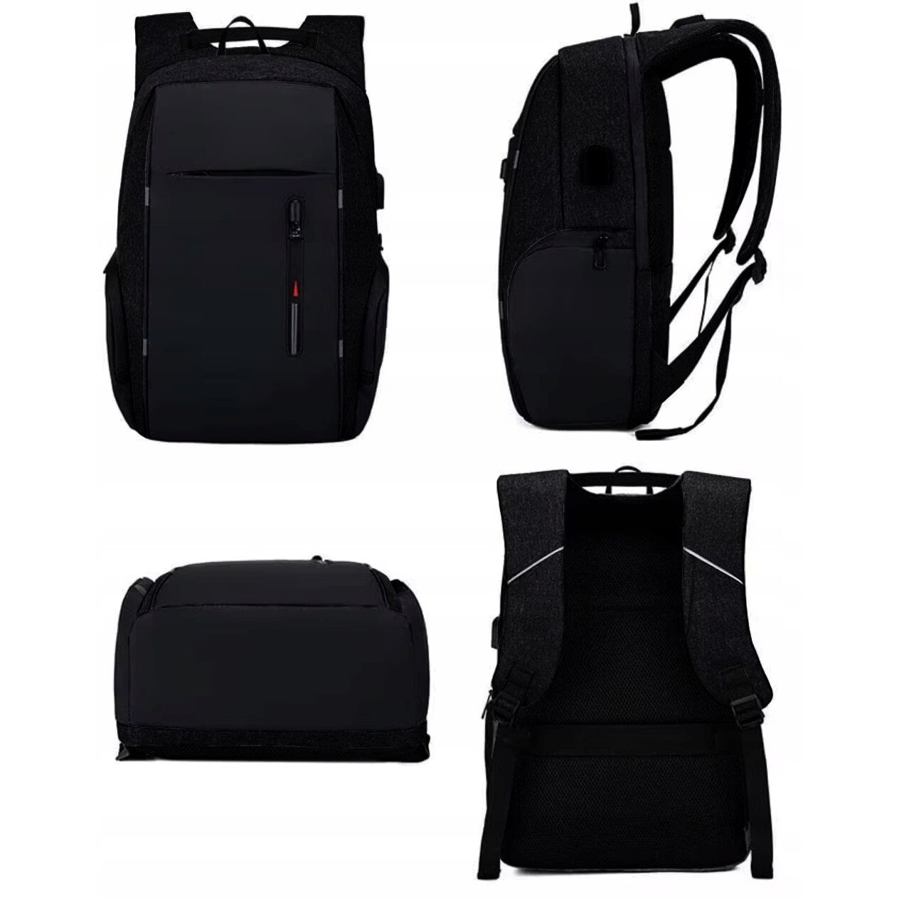 DKM, Rucsac din poliester si nylon cu compartiment pentru laptop 17 inch, port USB extern, rezistent la apa, bretele 3D mesh, Negru, 21L