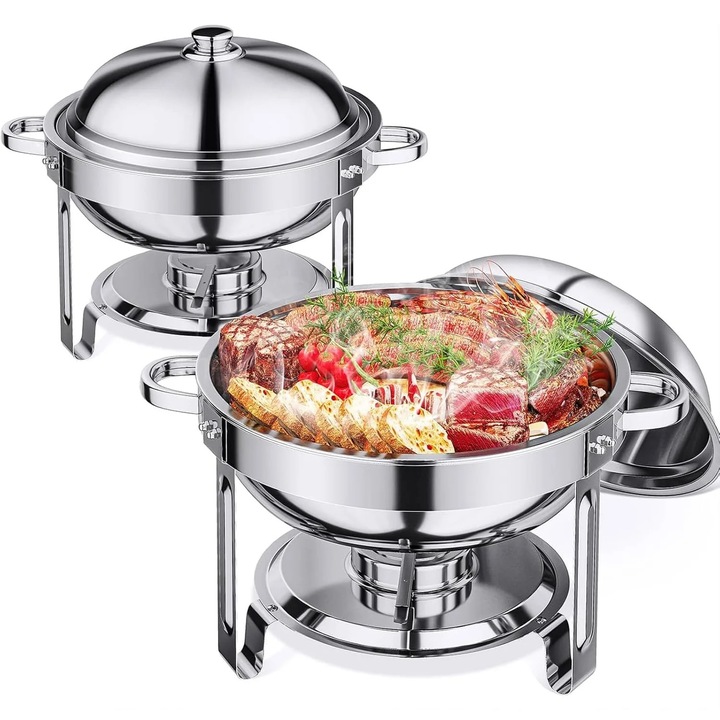 Комплект съдове за подгряване (chafing dish) кръгли 2 броя, 38 см, инокс 316, двойна водна баня, жълт