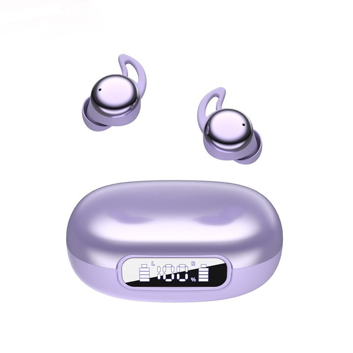 Vezeték nélküli zajszűrős fülhallgató, in-ear alvó fülhallgató Bluetooth 6.1-gyel, ultra-alacsony késleltetésű vezeték nélküli hang és hosszú üzemidő, digitális kijelző, HD mikrofon, IPX4 védelem, minden telefonnal kompatibilis, Lila szín