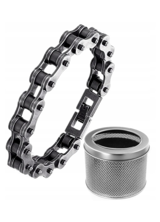DKM, Bratara barbati din otel chirurgical 316L cu design lant motocicleta, oxidat, cu cutie cadou, argintiu/negru, 22,5 cm