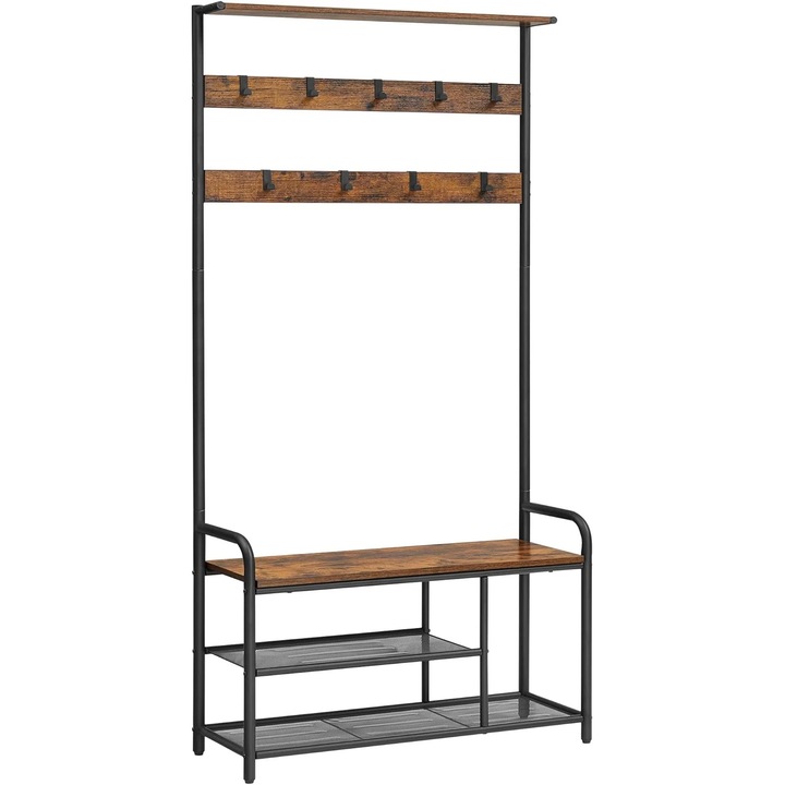 Cuier pentru hol cu banca si suport pantofi, stil industrial, 84x34x183 cm, maro rustic