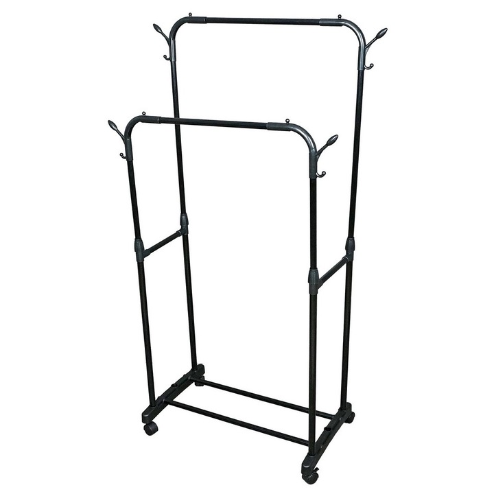 Suport haine Decorer, raft fier negru 82x41x144cm, 2 tije pentru umerase, suport pentru pantofi