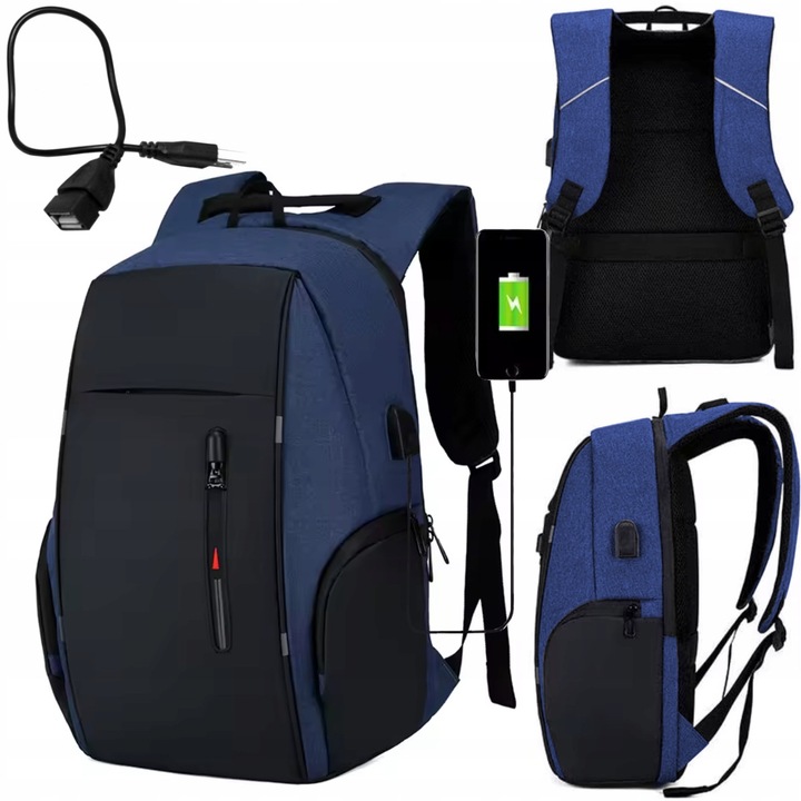 DKM, Kompakt poliészter és nejlon laptop hátizsák, külső USB porttal és 17"-os laptop rekesszel, vízálló, kék/fekete, 21L