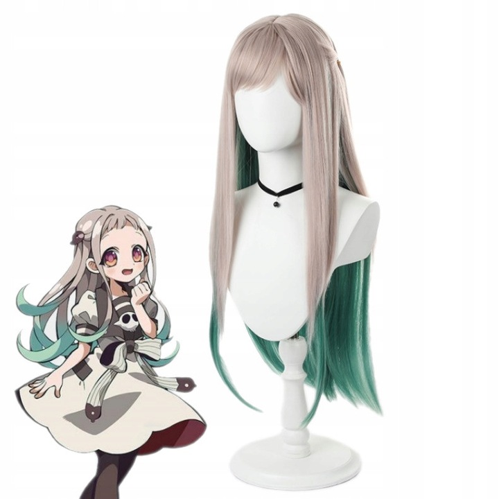 DKM, Peruca cosplay din fibre sintetice (High Temperature Fiber), pre-coafata cu doua suvite legate cu elastice si boneta reglabila, Yashiro Nene Jibaku Shounen Hanako, bej/verde, marime unica, 80 cm