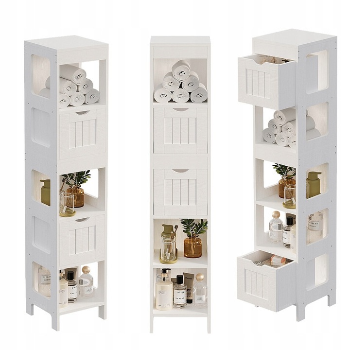Dulap de baie cu coloana, sertare, alb, inalt, cu rafturi, stil modern loft, 142 cm MUVU