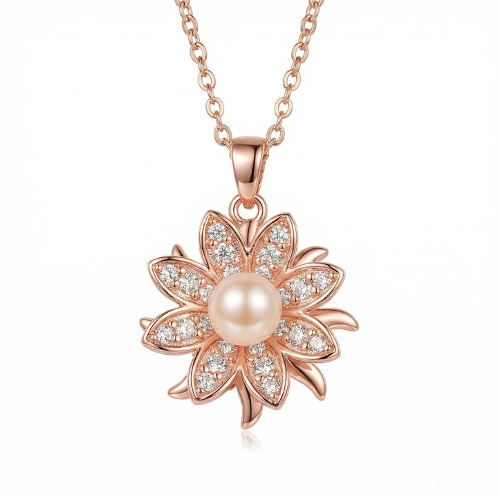 Colier cu Floare Rotitoare, Perle Naturale, Aur Roz, Design Elegant