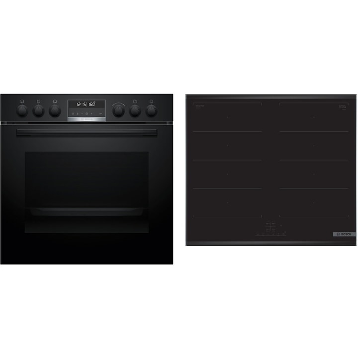 Set aragaz incorporabil Bosch HEG578BB4 și plită electrică NVQ645CB6E, 4 zone inductie, 60 cm, Negru