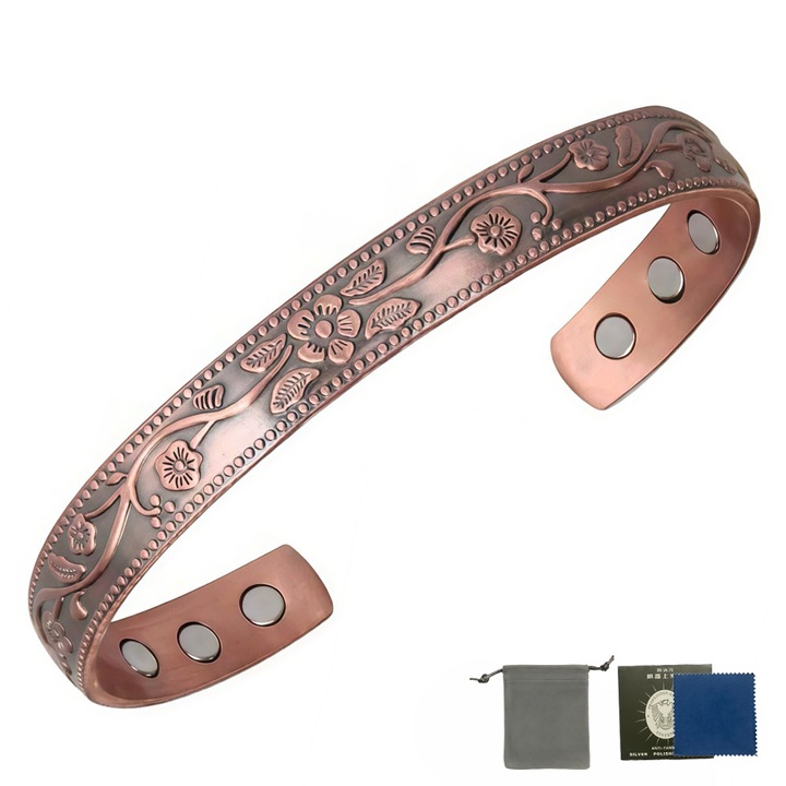 Bratara magnetica din cupru pur, model flori de prun, reglabila, bronz, 18x1cm