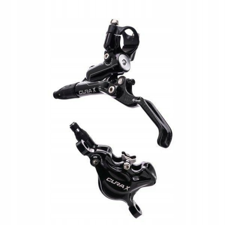 Set frane disc Formula Cura X, hidraulic PM6 cu pistoane 24mm, maneta carbon, furtun impletit kevlar 175cm, placute organice, negru lucios, set fata si spate