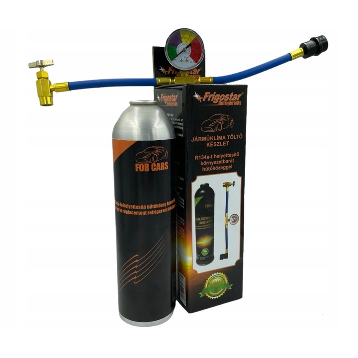 Gáz autóklímához Frigostar R134, R134a helyettesítő, manométerrel, tömlővel és gyorscsatlakozóval, fekete, 650ml (350g)