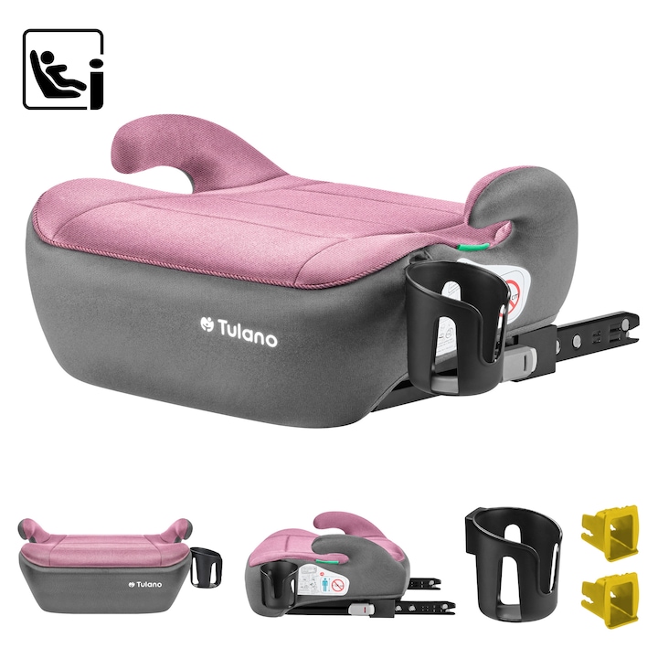 Inaltator auto Tulano Cabby 30, i-Size, 125-150 cm, Isofix, Omologare ECE R129/03, Pentru copii 6-12 ani, Grupa 15-36 kg, Suport pahar inclus, 2 ghidaje Isofix, Tapiterie lavabila, Tehnologie Ultra Soft, Spuma EPE, Montaj FWF, Roz/gri