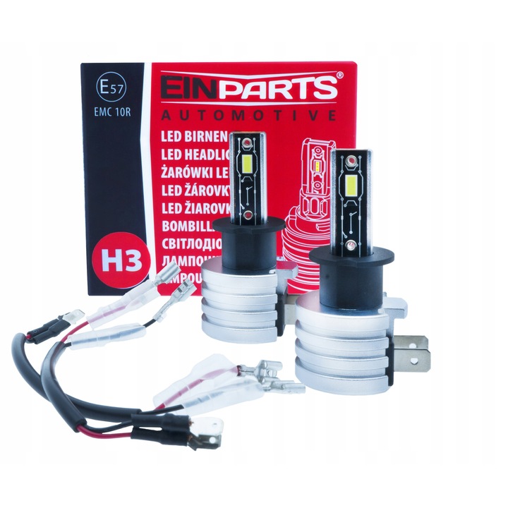 Bec LED H3 EinParts Automotive EPLH112, 1800 lm/12W izzóként, 9-16V, PK22s, 10R Homologizáció, Alumínium hűtőborda, Hideg fehér, 2 db