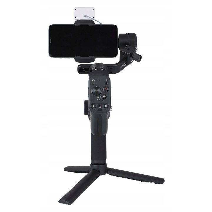 Gimbal stabilizátor FeiyuTech Scorp mini P Kit, okostelefonhoz, készlet mágneses lámpával és követőmodullal, rögzítő adapterrel és összecsukható állvánnyal, 520 g kapacitás, 11 óra üzemidő, USB-C, Bluetooth, fekete
