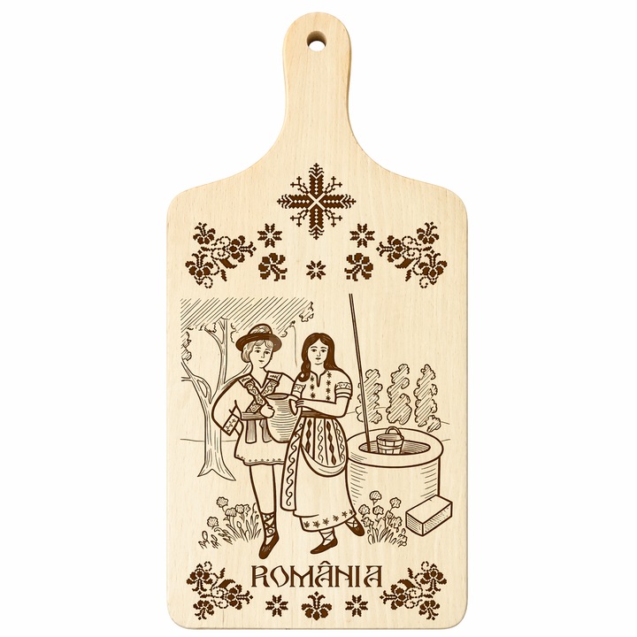 Placheta decorativă din lemn natural, motiv traditional Romania - La Fantana, 16x6cm