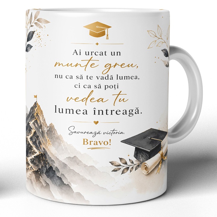 Cana Cadou Absolvire JOYSOS, model Munte si Victoria, ceramica premium, alba, 330 ml, cu mesaj motivational
