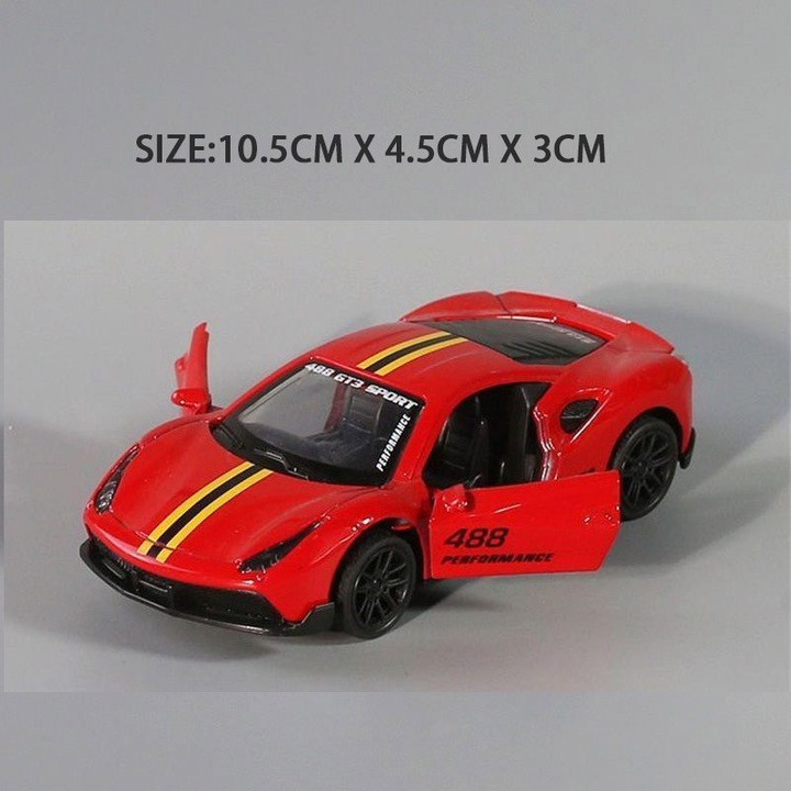 Sportautó modell, metálpiros, 1:43 méretarány, nyitható ajtók