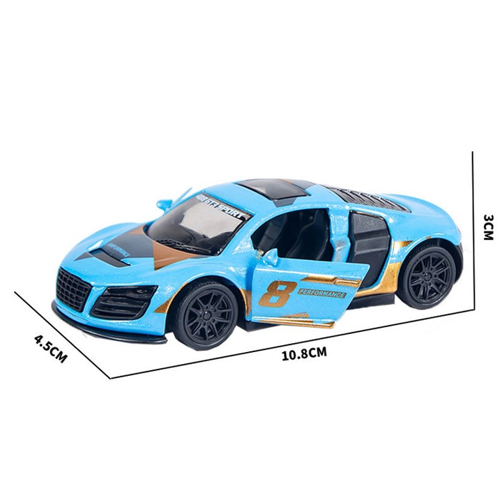 Sportmodell autó, metálkék, 1:43, fém, mozgatható ajtók