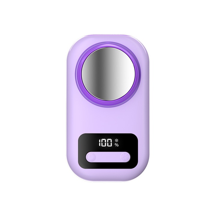 Ventilátor, nagy teljesítményű, lapát nélküli, 5 W, hűtő funkcióval, 2500 mAh, digitális kijelző, kültéri használatra alkalmas, ORBER, asztalra helyezhető, nyakba vagy derékra akasztható, ABS, 65 × 44 × 115 mm, lila