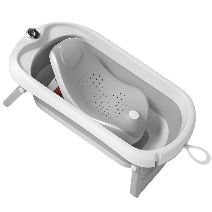 Cadita Pliabila pentru Bebelusi Mavio®, Model BabySpa, Reductor Ergonomic, Termometru Digital Incorporat, 0–36 Luni, 40L Capacitate, 83 cm, Dop Scurgere, Suport Dus, Picioare Antiderapante, Design Compact, Gri