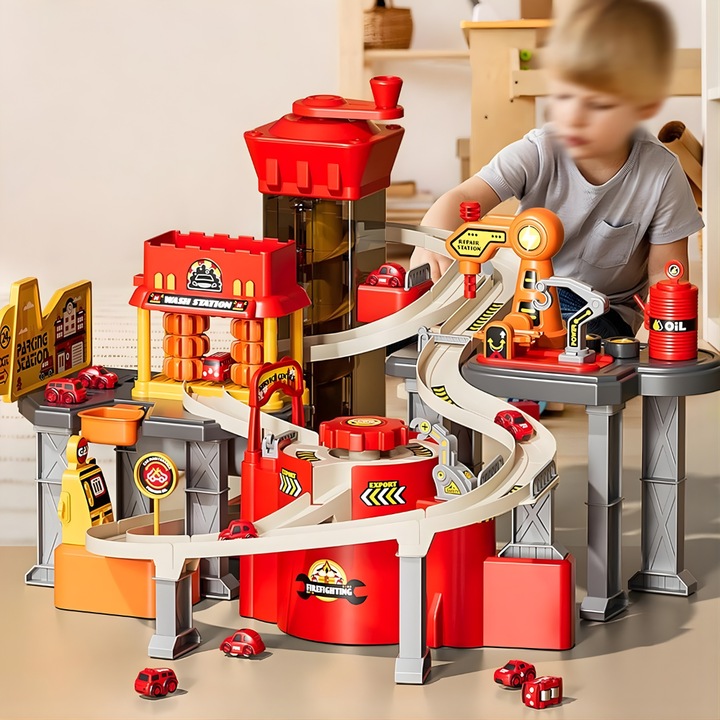 Set Jucarie Interactiva Atelier Auto Pentru Masinute KidProtect® Pro Repair Shop, Electric, Tip Parcare Masinute, 4 Masinute Incluse, Cu Apa Adevarata, Realista, Circuit Curse, Se Roteste, Pentru Copii, Cadou Baieti 2 3 4 5 6 Ani, Rosu