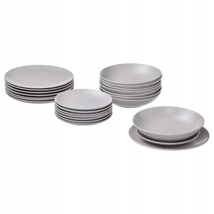 Комплект за хранене IKEA FARGKLAR, от каменинов материал (stoneware), матов, подходящ за съдомиялна машина, светлосив, 18 части (6x20cm, 6x23cm, 6x26cm)