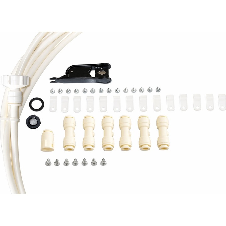 O'Fresh párásító hűtőrendszer, 10 m, 7 sárgaréz/rozsdamentes acél fúvóka, komplett telepítőkészlet teraszokhoz, pavilonokhoz vagy kertekhez