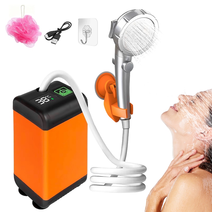 Преносим къмпинг душ, Taipintee, електрически, 6000 mAh, 3 степени, черен/оранжев