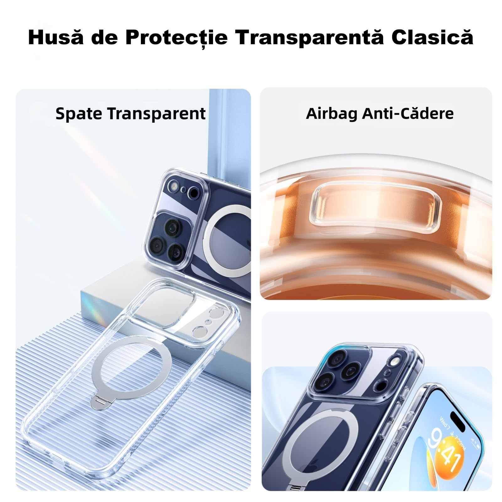 Husa de Protectie pentru iPhone 17 Pro Max, MOGU, Suport cu inel Magnetic 360, Buton de Control al Camerei, compatibila cu Incarcarea Wireless, Husa pentru Telefon cu Suport, Rezistenta la Amprente si la Uzura, care nu Ingalbeneste, TPU, Transparent