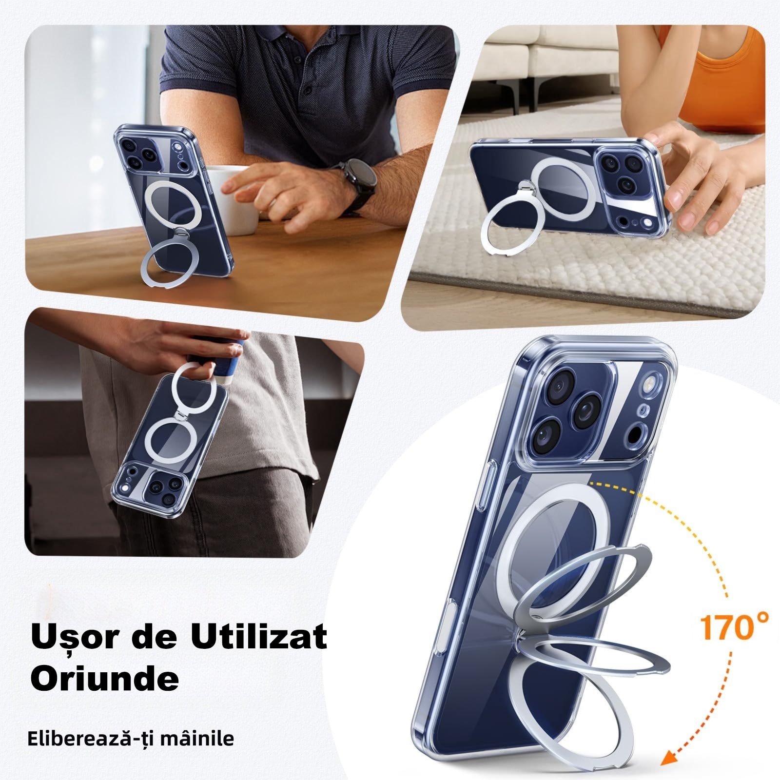 Husa de Protectie pentru iPhone 17 Pro Max, MOGU, Suport cu inel Magnetic 360, Buton de Control al Camerei, compatibila cu Incarcarea Wireless, Husa pentru Telefon cu Suport, Rezistenta la Amprente si la Uzura, care nu Ingalbeneste, TPU, Transparent