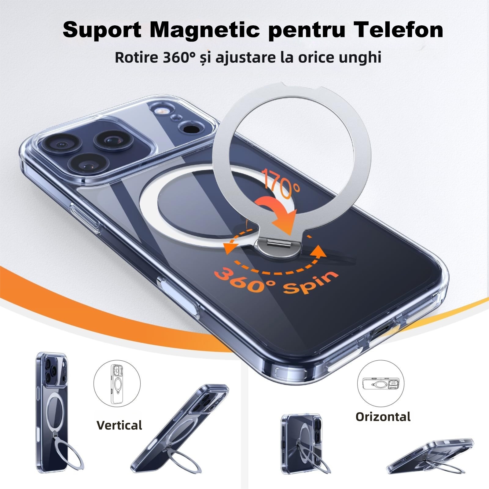 Husa de Protectie pentru iPhone 17 Pro Max, MOGU, Suport cu inel Magnetic 360, Buton de Control al Camerei, compatibila cu Incarcarea Wireless, Husa pentru Telefon cu Suport, Rezistenta la Amprente si la Uzura, care nu Ingalbeneste, TPU, Transparent