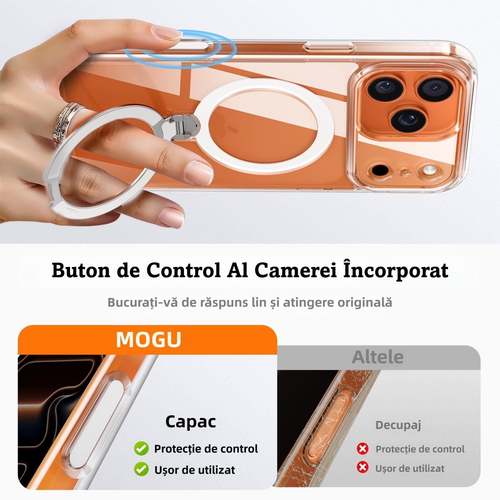 Husa de Protectie pentru iPhone 17 Pro Max, MOGU, Suport cu inel Magnetic 360, Buton de Control al Camerei, compatibila cu Incarcarea Wireless, Husa pentru Telefon cu Suport, Rezistenta la Amprente si la Uzura, care nu Ingalbeneste, TPU, Transparent