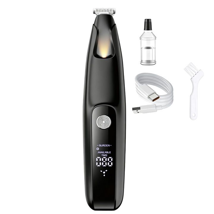 LED világítású kisállat elektromos trimmer, ultra-alacsony zajszint, USB újratölthető, mancsokhoz és érzékeny területekhez, fekete