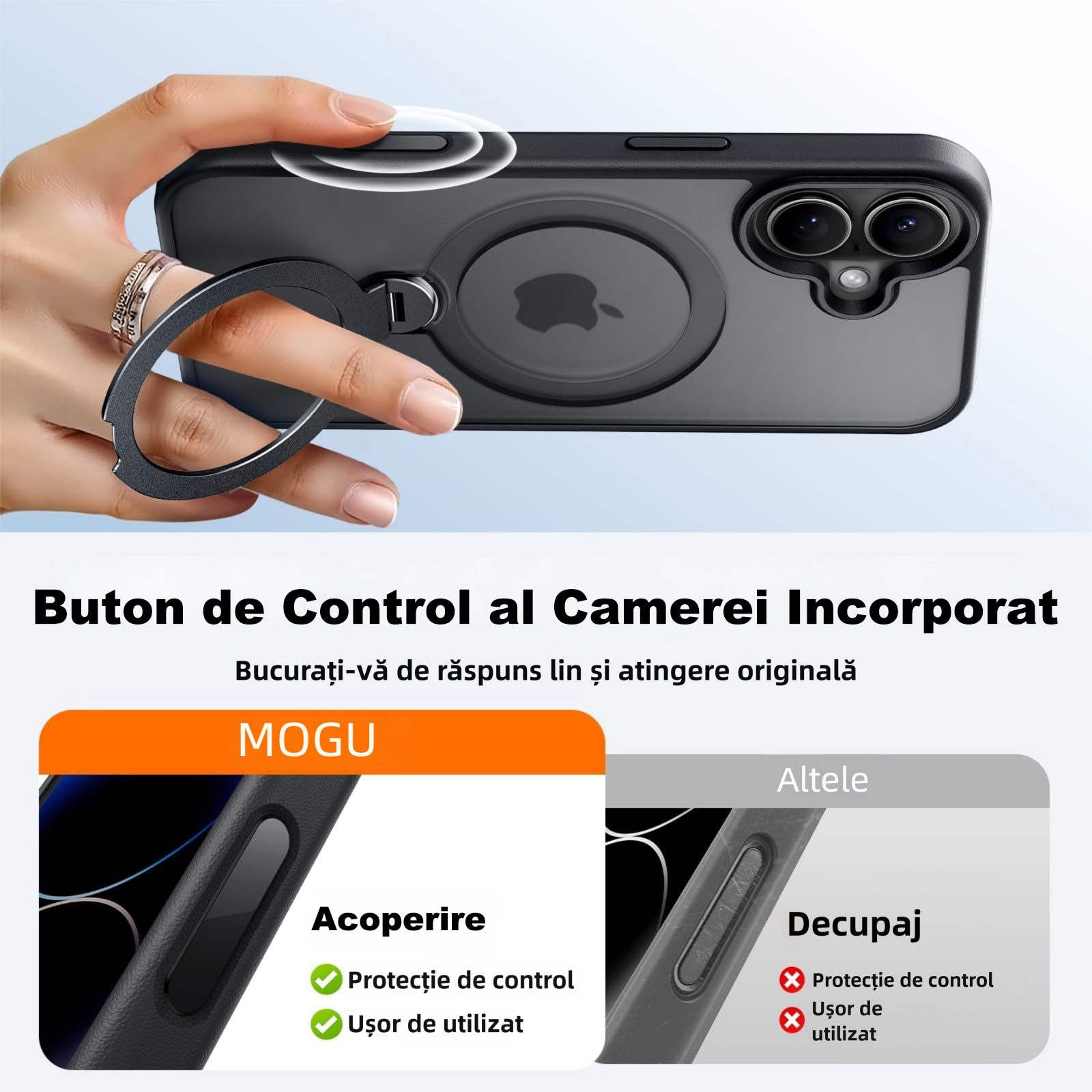 Husa Suport Rotativ 360, MOGU, pentru iPhone 17, Buton de Control al Camerei, Compatibila cu MagSafe, Incarcare Wireless, Protectie Militara, Rezistenta la Zgarieturi, TPU, Negru